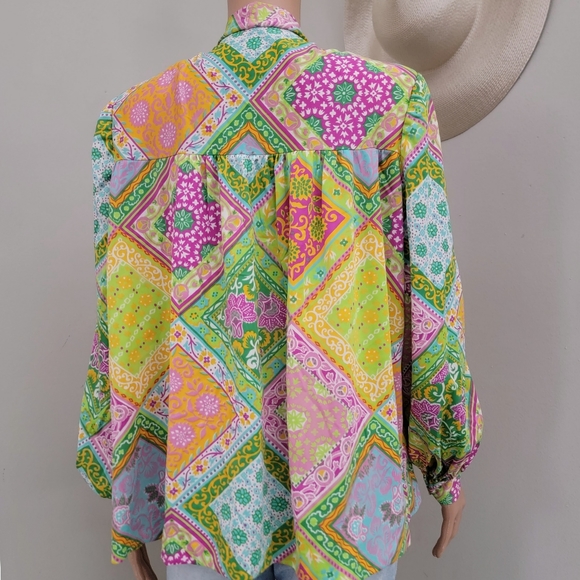 Retro Bohemian Vintage Handmade Green Floral Long Sleeve Bow-tie neck Blouse - Picture 4 of 11